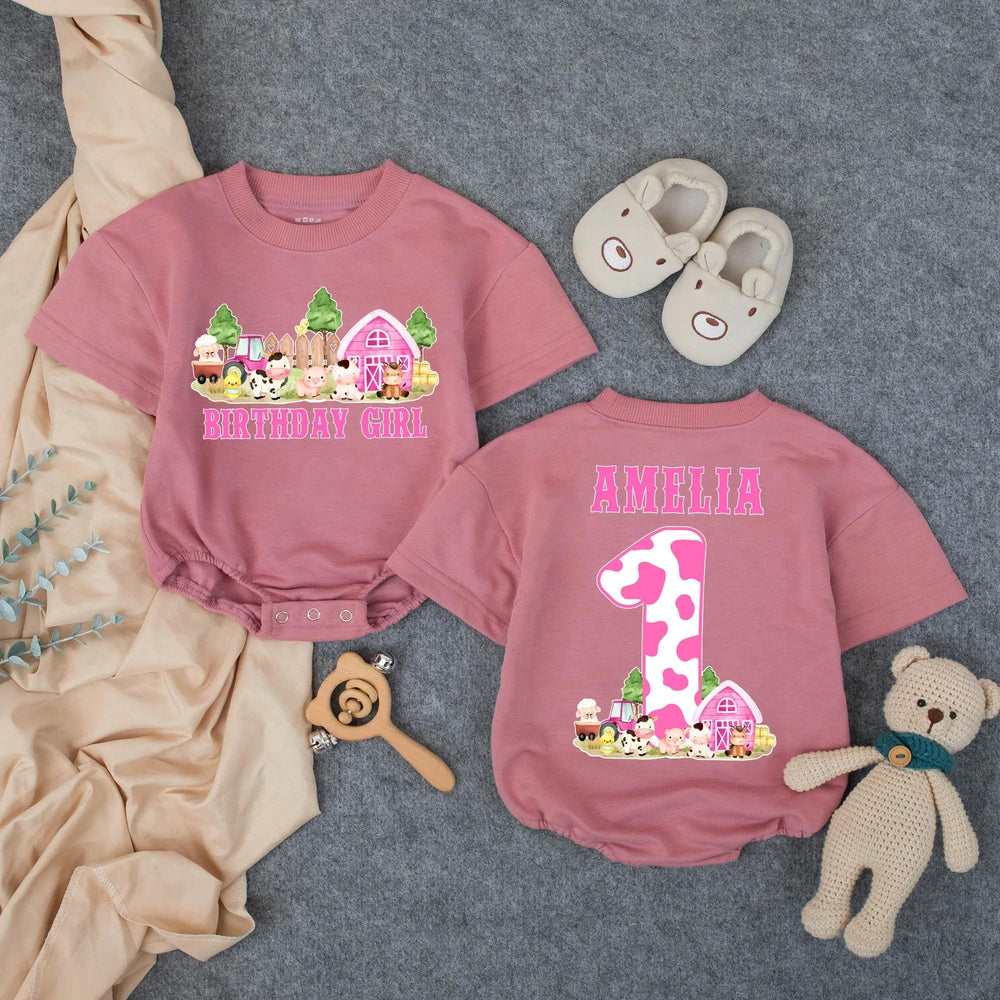 Personalized First Birthday Girl Romper with Barnyard Animals Design, Pink Cow Print Outfit Custom Name Baby Party Clothes Gift