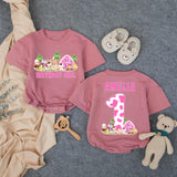 Personalized First Birthday Girl Romper with Barnyard Animals Design, Pink Cow Print Outfit Custom Name Baby Party Clothes Gift