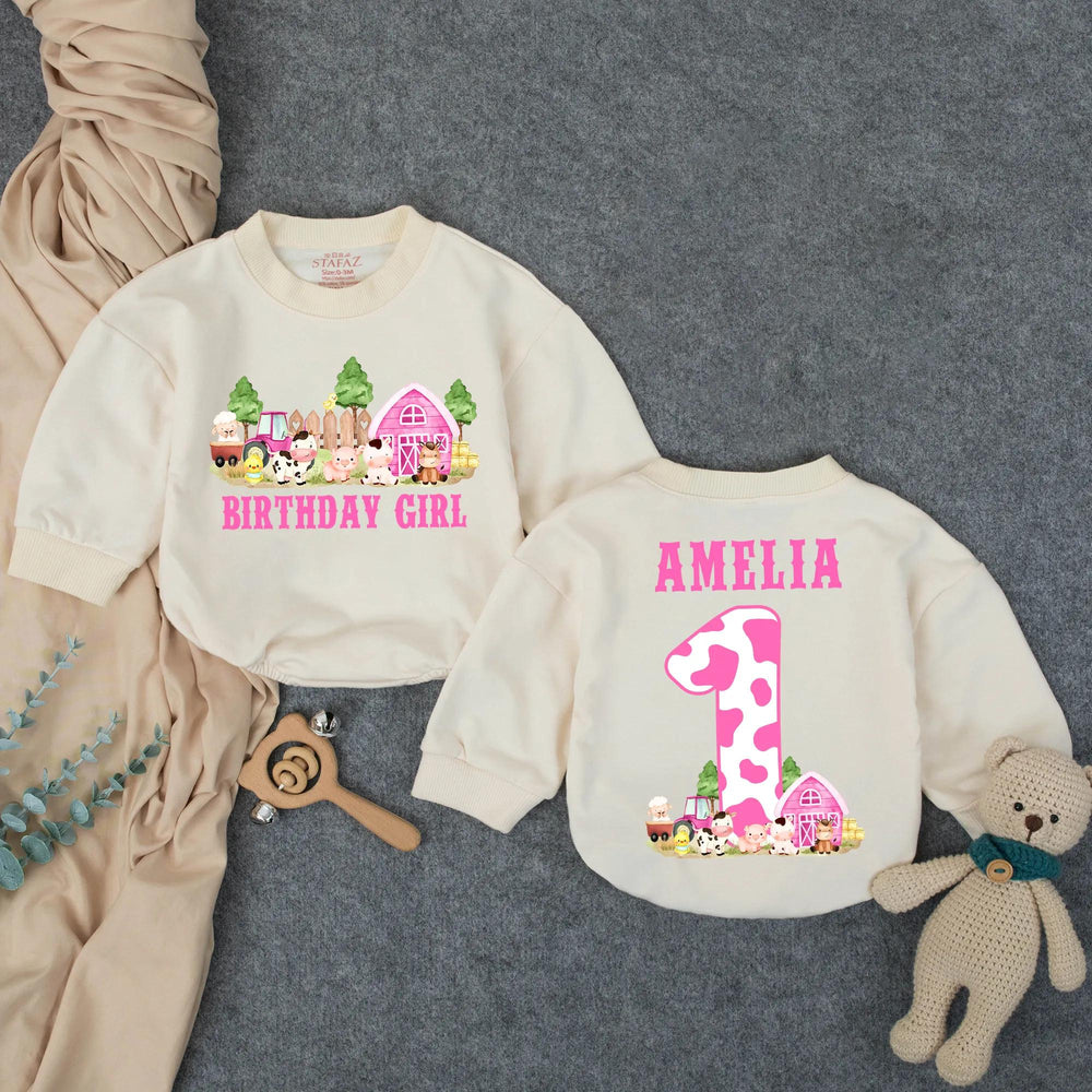 Personalized First Birthday Girl Romper with Barnyard Animals Design, Pink Cow Print Outfit Custom Name Baby Party Clothes Gift