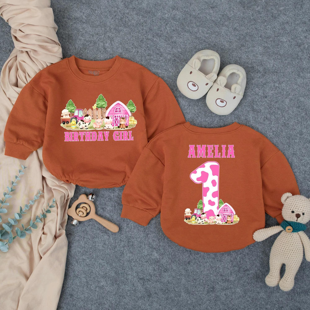 Personalized First Birthday Girl Romper with Barnyard Animals Design, Pink Cow Print Outfit Custom Name Baby Party Clothes Gift