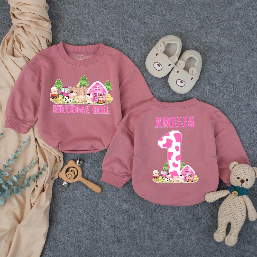 Personalized First Birthday Girl Romper with Barnyard Animals Design, Pink Cow Print Outfit Custom Name Baby Party Clothes Gift