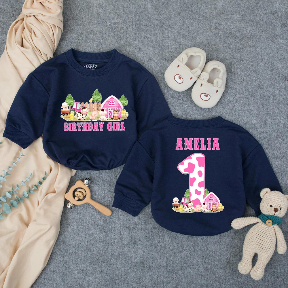 Personalized First Birthday Girl Romper with Barnyard Animals Design, Pink Cow Print Outfit Custom Name Baby Party Clothes Gift