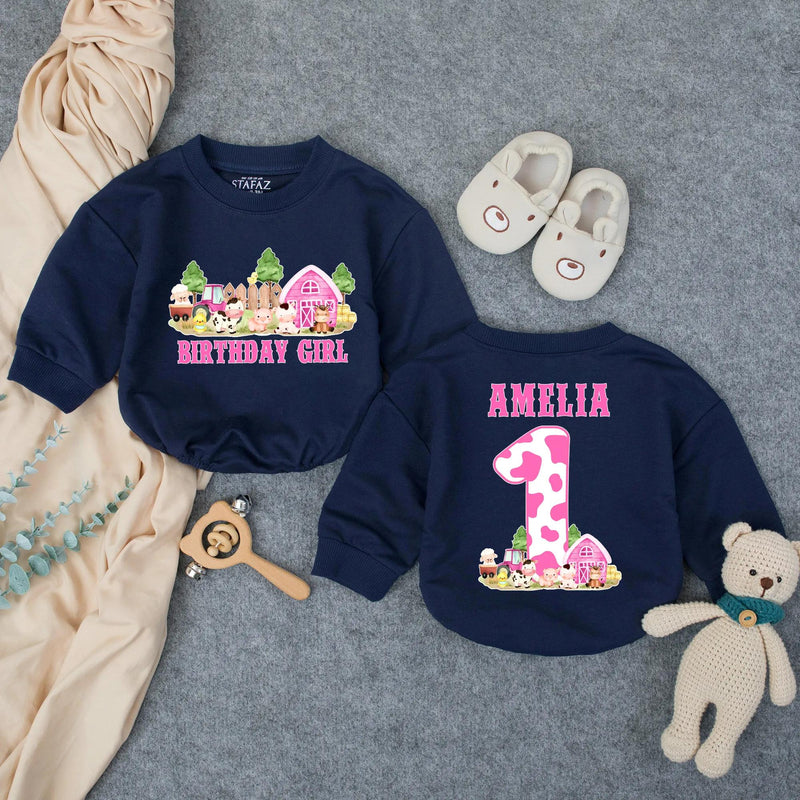 Personalized First Birthday Girl Romper with Barnyard Animals Design, Pink Cow Print Outfit Custom Name Baby Party Clothes Gift