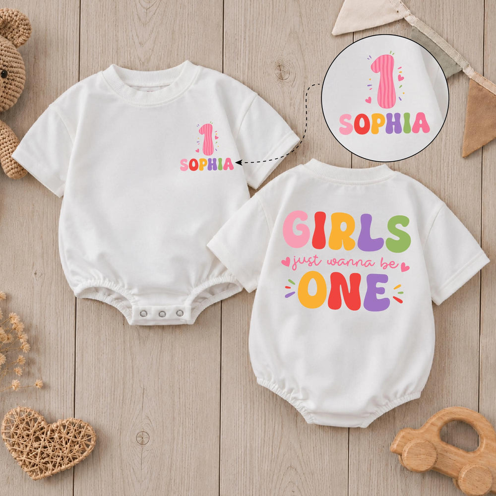 Personalized First Birthday Girl Romper with Colorful Design, Baby Cake Smash Outfit, Soft Cotton Girls Just Wanna Be One Party Clothes