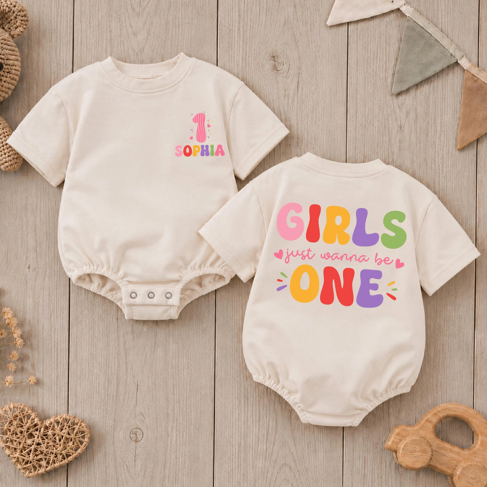 Personalized First Birthday Girl Romper with Colorful Design, Baby Cake Smash Outfit, Soft Cotton Girls Just Wanna Be One Party Clothes