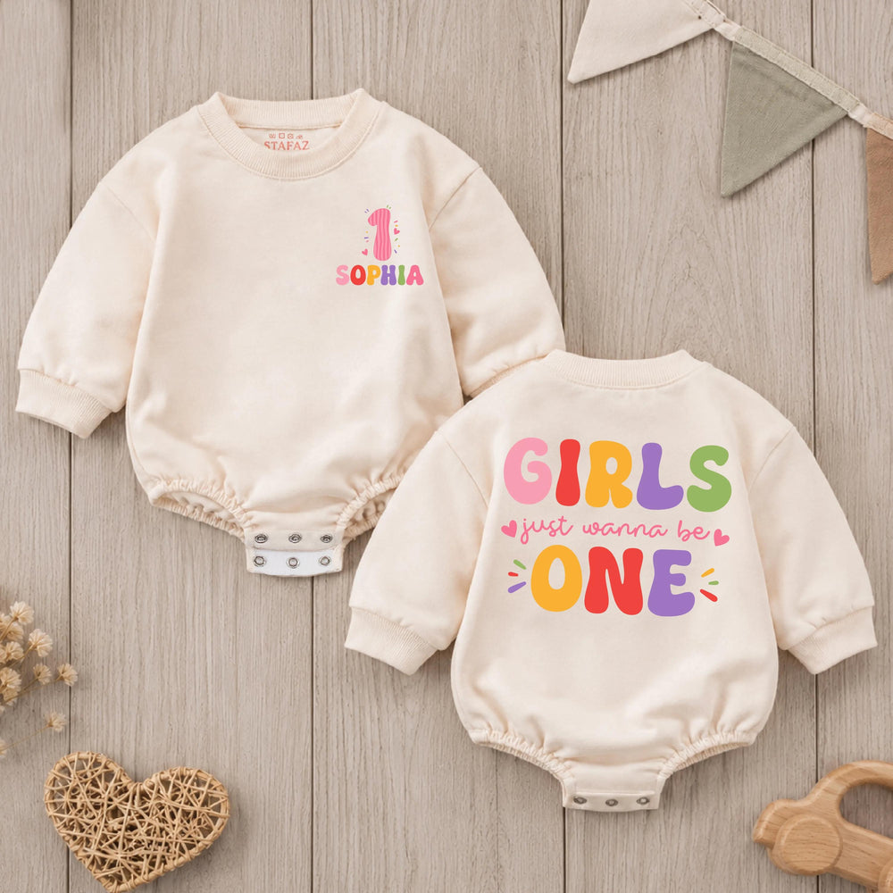 Personalized First Birthday Girl Romper with Colorful Design, Baby Cake Smash Outfit, Soft Cotton Girls Just Wanna Be One Party Clothes