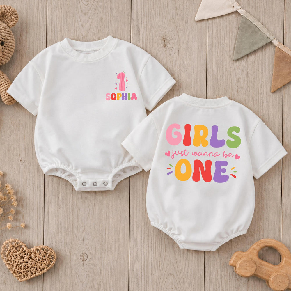 Personalized First Birthday Girl Romper with Colorful Design, Baby Cake Smash Outfit, Soft Cotton Girls Just Wanna Be One Party Clothes