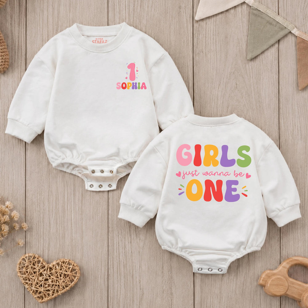 Personalized First Birthday Girl Romper with Colorful Design, Baby Cake Smash Outfit, Soft Cotton Girls Just Wanna Be One Party Clothes
