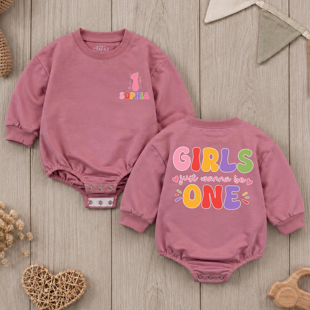 Personalized First Birthday Girl Romper with Colorful Design, Baby Cake Smash Outfit, Soft Cotton Girls Just Wanna Be One Party Clothes