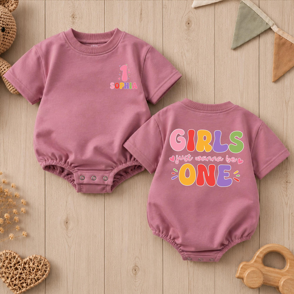 Personalized First Birthday Girl Romper with Colorful Design, Baby Cake Smash Outfit, Soft Cotton Girls Just Wanna Be One Party Clothes