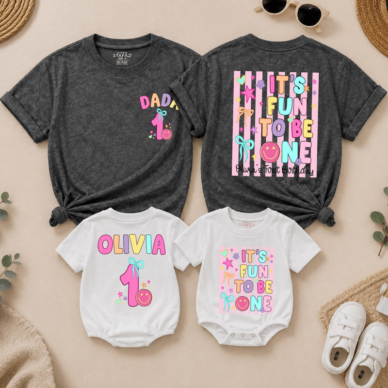 Personalized First Birthday Girl T-Shirt and Romper Set Custom It's Fun to Be One Cute Family Matching Outfits for Baby Toddler and Mom