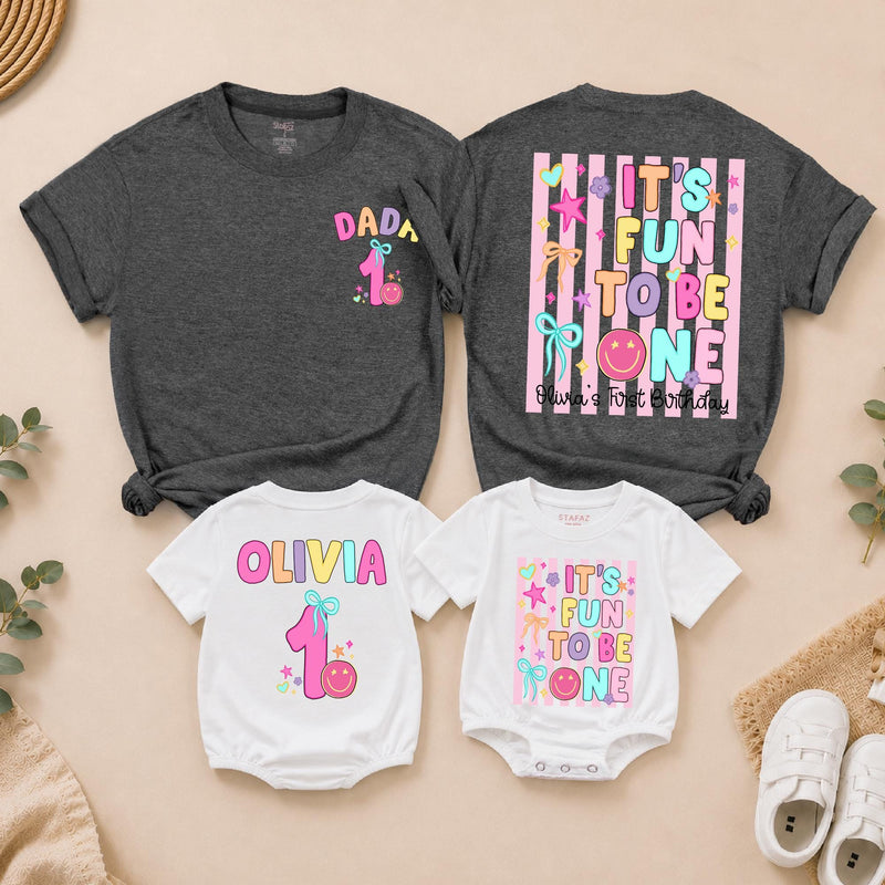 Personalized First Birthday Girl T-Shirt and Romper Set Custom It's Fun to Be One Cute Family Matching Outfits for Baby Toddler and Mom