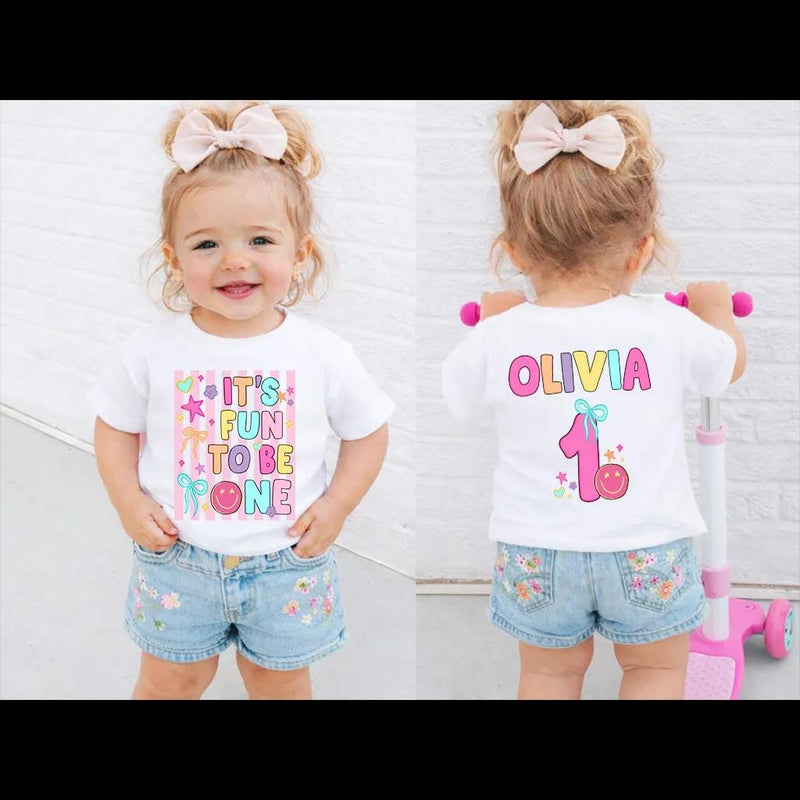 Personalized First Birthday Girl T-Shirt and Romper Set Custom It's Fun to Be One Cute Family Matching Outfits for Baby Toddler and Mom