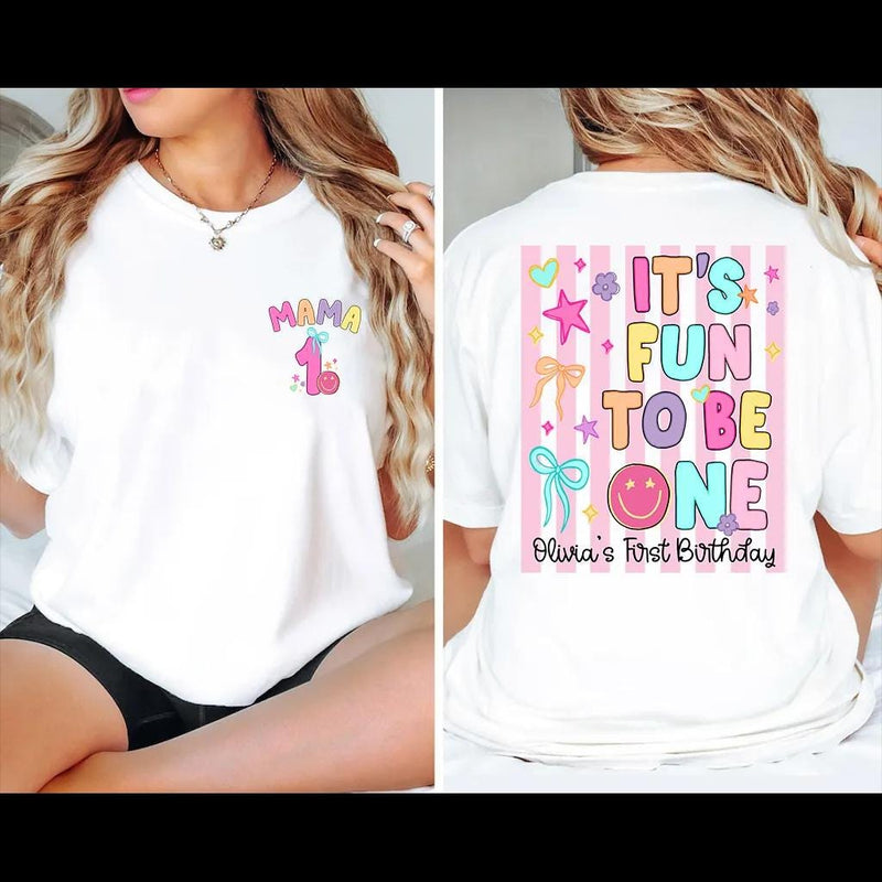 Personalized First Birthday Girl T-Shirt and Romper Set Custom It's Fun to Be One Cute Family Matching Outfits for Baby Toddler and Mom