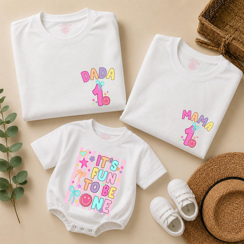 Personalized First Birthday Girl T-Shirt and Romper Set Custom It's Fun to Be One Cute Family Matching Outfits for Baby Toddler and Mom