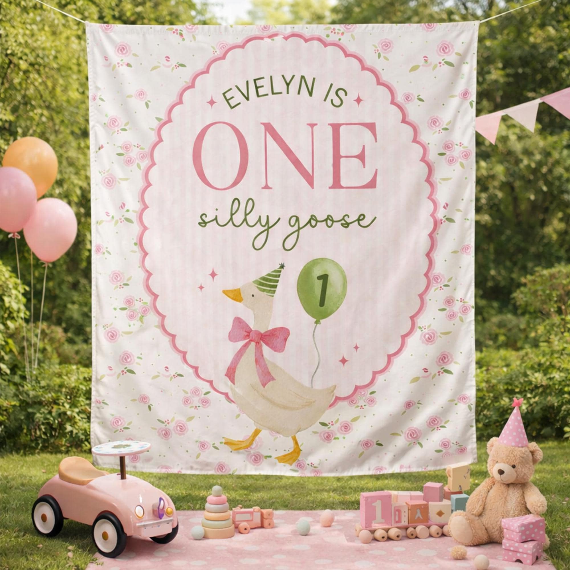 Personalized First Birthday Goose Banner with Pink Roses, Custom Name Party Backdrop for Baby Girl Celebration, Vintage Cake Smash Decor