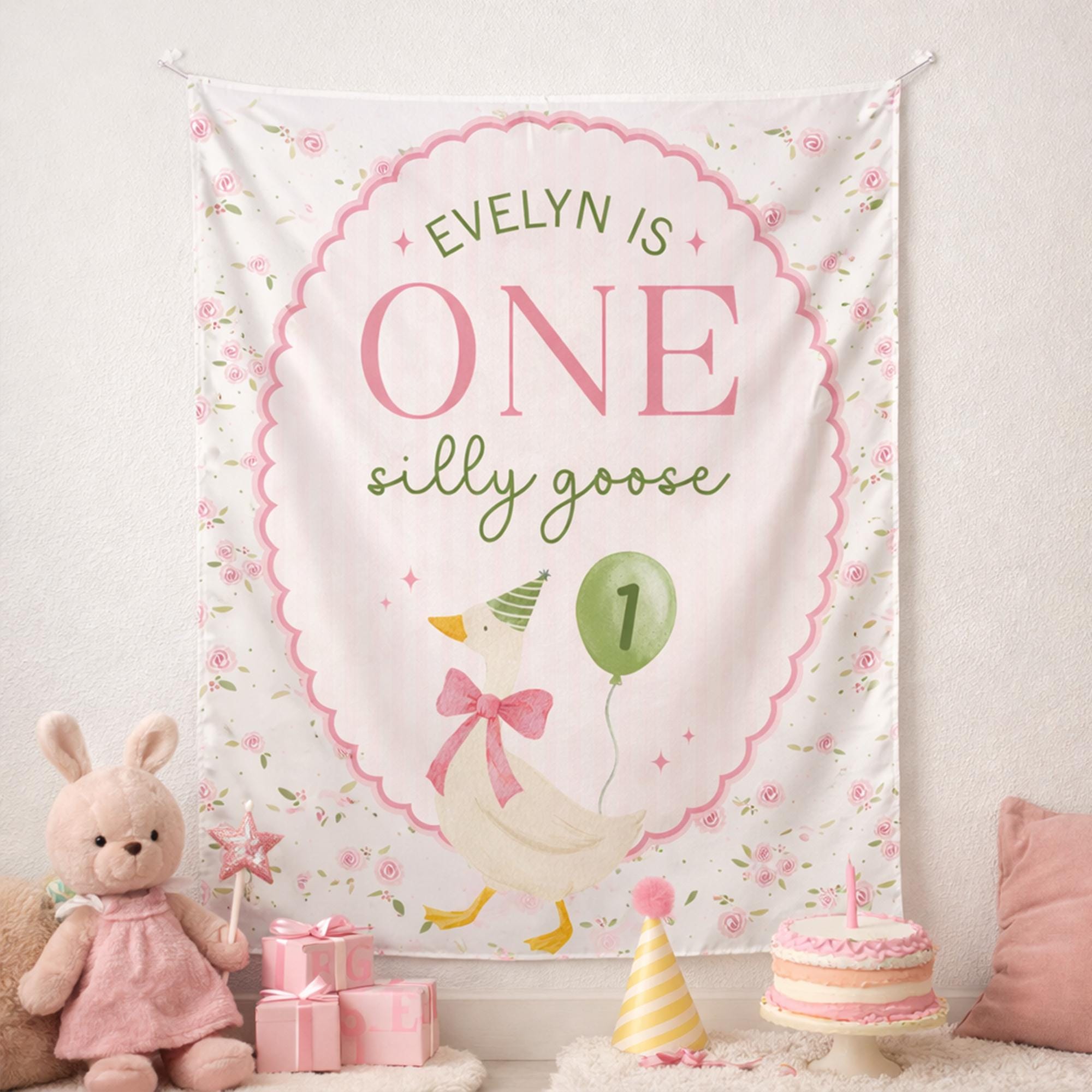 Personalized First Birthday Goose Banner with Pink Roses, Custom Name Party Backdrop for Baby Girl Celebration, Vintage Cake Smash Decor