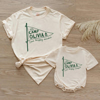Personalized First Birthday Matching Family Shirts, Rustic Camp Olivia Pennant Design, One Happy Mama and Camper Cotton Tees Gift
