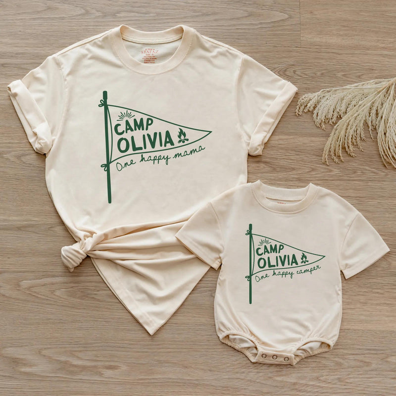 Personalized First Birthday Matching Family Shirts, Rustic Camp Olivia Pennant Design, One Happy Mama and Camper Cotton Tees Gift