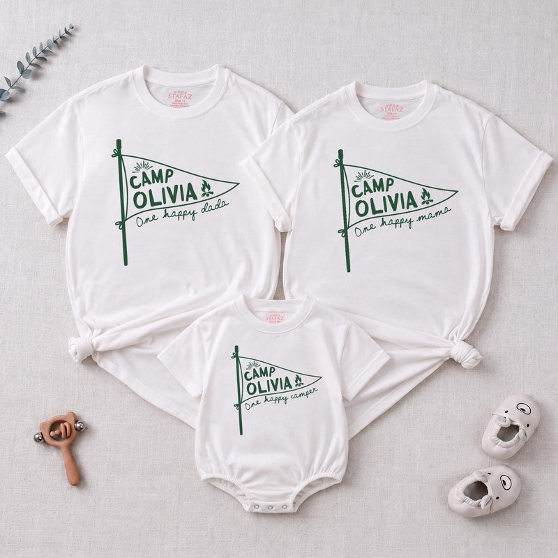 Personalized First Birthday Matching Family Shirts, Rustic Camp Olivia Pennant Design, One Happy Mama and Camper Cotton Tees Gift