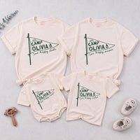 Personalized First Birthday Matching Family Shirts, Rustic Camp Olivia Pennant Design, One Happy Mama and Camper Cotton Tees Gift