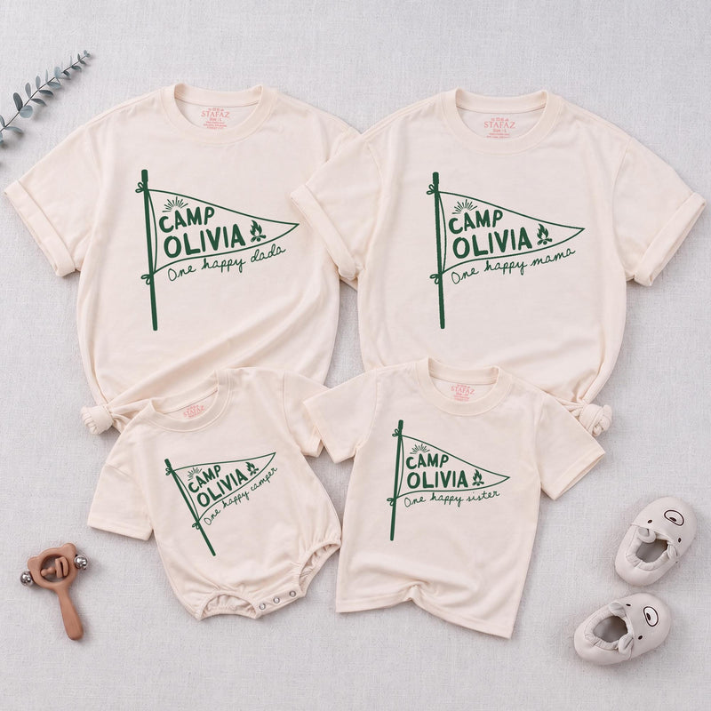 Personalized First Birthday Matching Family Shirts, Rustic Camp Olivia Pennant Design, One Happy Mama and Camper Cotton Tees Gift