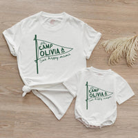 Personalized First Birthday Matching Family Shirts, Rustic Camp Olivia Pennant Design, One Happy Mama and Camper Cotton Tees Gift