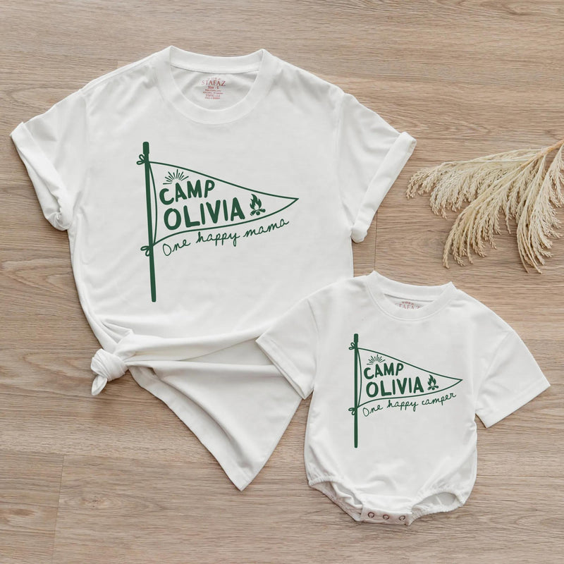 Personalized First Birthday Matching Family Shirts, Rustic Camp Olivia Pennant Design, One Happy Mama and Camper Cotton Tees Gift