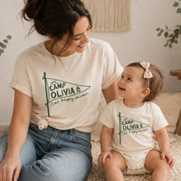 Personalized First Birthday Matching Family Shirts, Rustic Camp Olivia Pennant Design, One Happy Mama and Camper Cotton Tees Gift