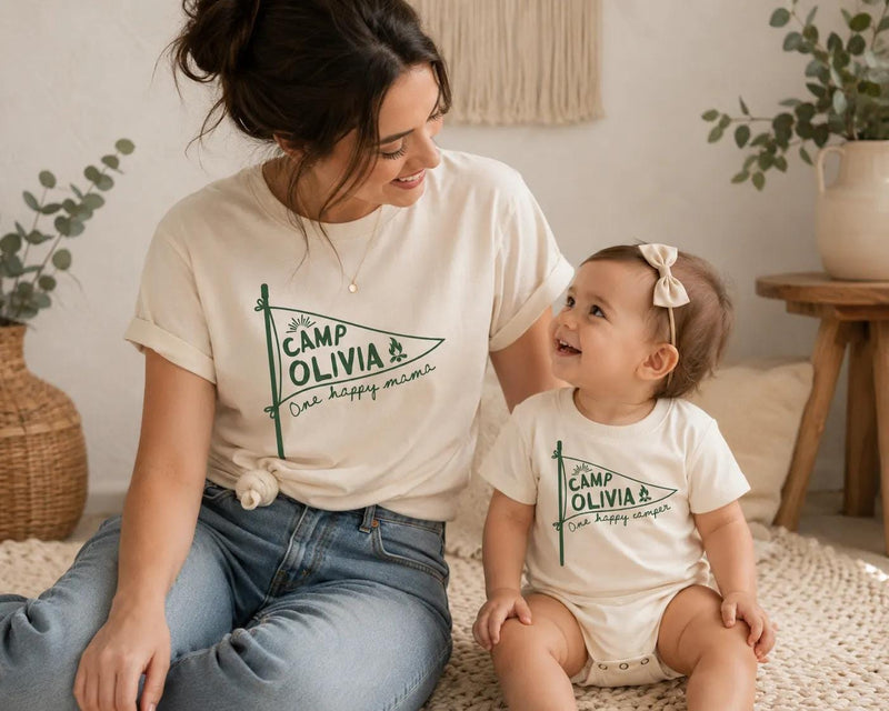 Personalized First Birthday Matching Family Shirts, Rustic Camp Olivia Pennant Design, One Happy Mama and Camper Cotton Tees Gift