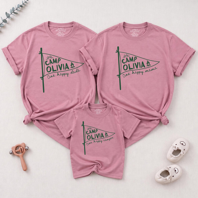 Personalized First Birthday Matching Family Shirts, Rustic Camp Olivia Pennant Design, One Happy Mama and Camper Cotton Tees Gift