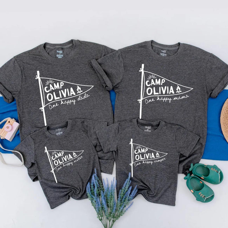 Personalized First Birthday Matching Family Shirts, Rustic Camp Olivia Pennant Design, One Happy Mama and Camper Cotton Tees Gift
