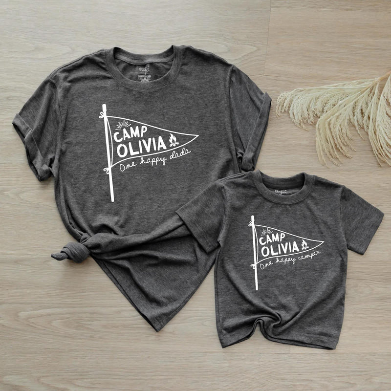 Personalized First Birthday Matching Family Shirts, Rustic Camp Olivia Pennant Design, One Happy Mama and Camper Cotton Tees Gift