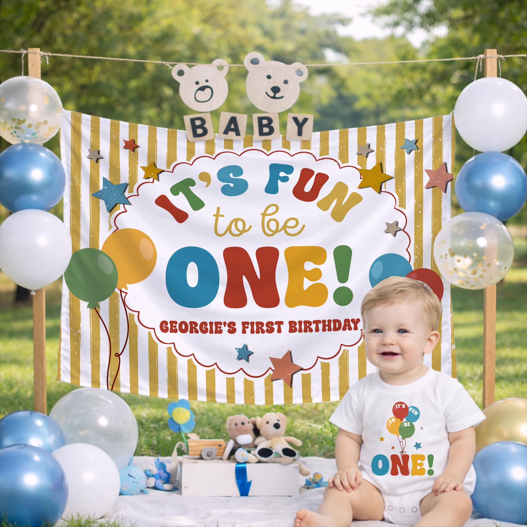 Personalized First Birthday Outfit for Baby Boy, It’s Fun to Be One Balloon Design, Retro Birthday Party Clothes with Custom Name Gift