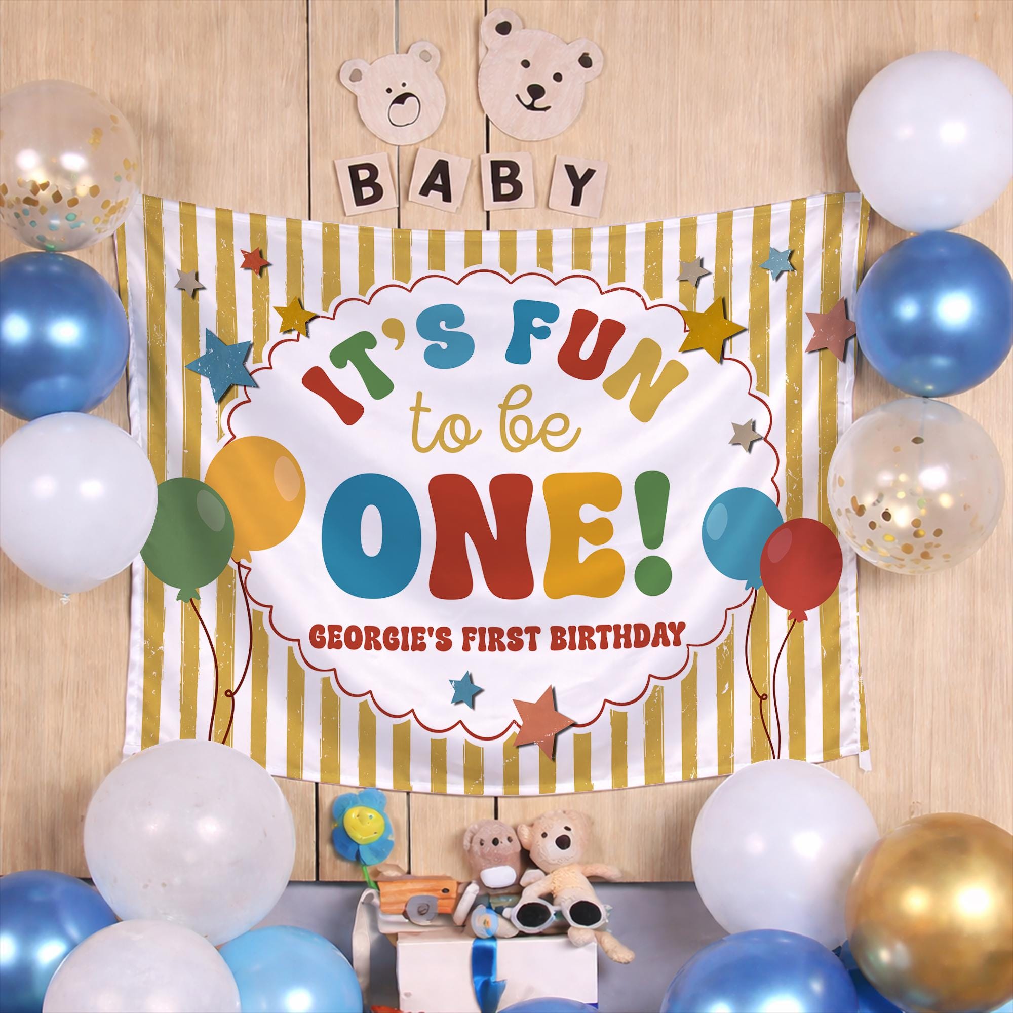 Personalized First Birthday Outfit for Baby Boy, It’s Fun to Be One Balloon Design, Retro Birthday Party Clothes with Custom Name Gift