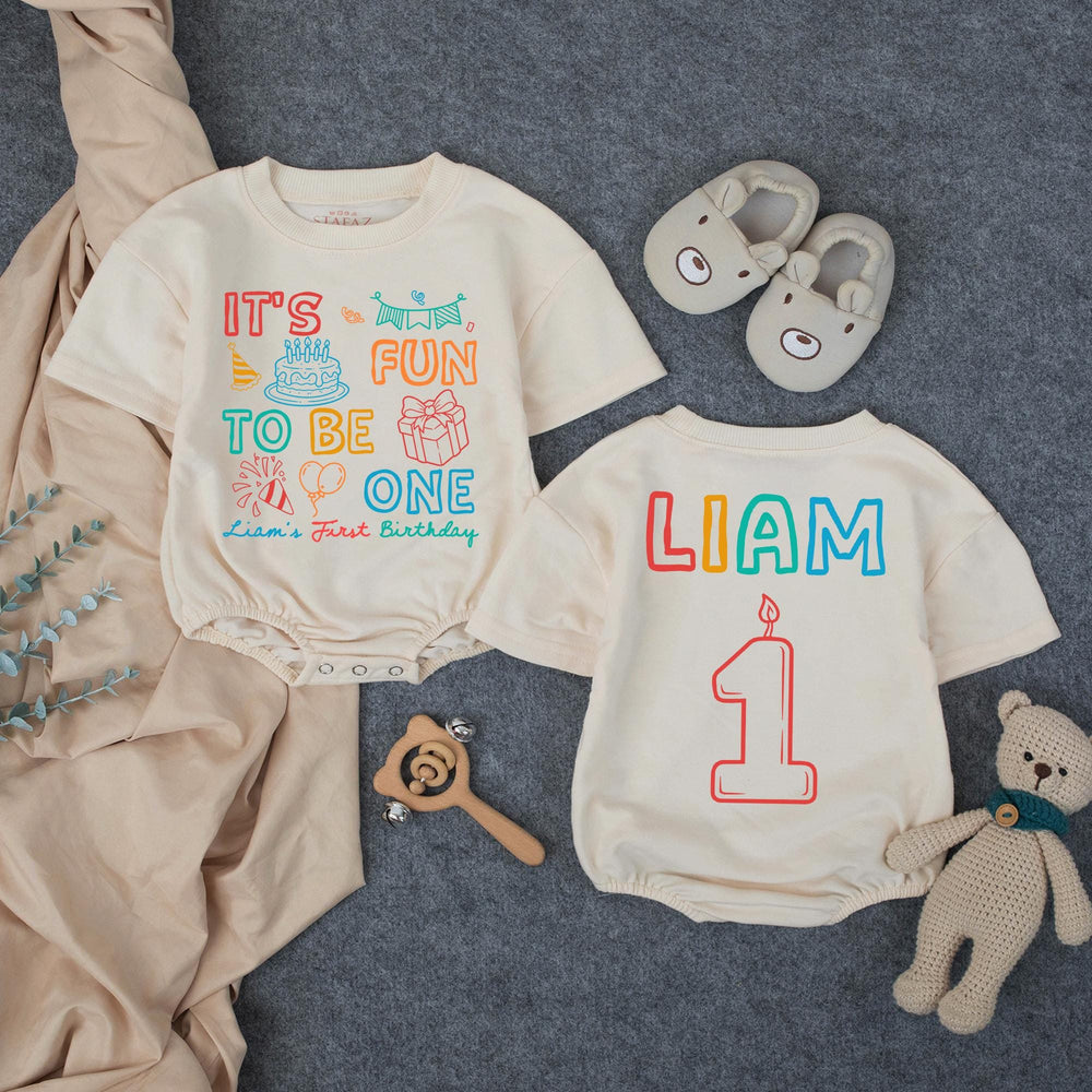 Personalized First Birthday Outfit for Baby Boy Liam, Fun to Be One Romper with Colorful Party Graphics, Cake Smash Celebration Outfit