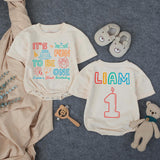 Personalized First Birthday Outfit for Baby Boy Liam, Fun to Be One Romper with Colorful Party Graphics, Cake Smash Celebration Outfit