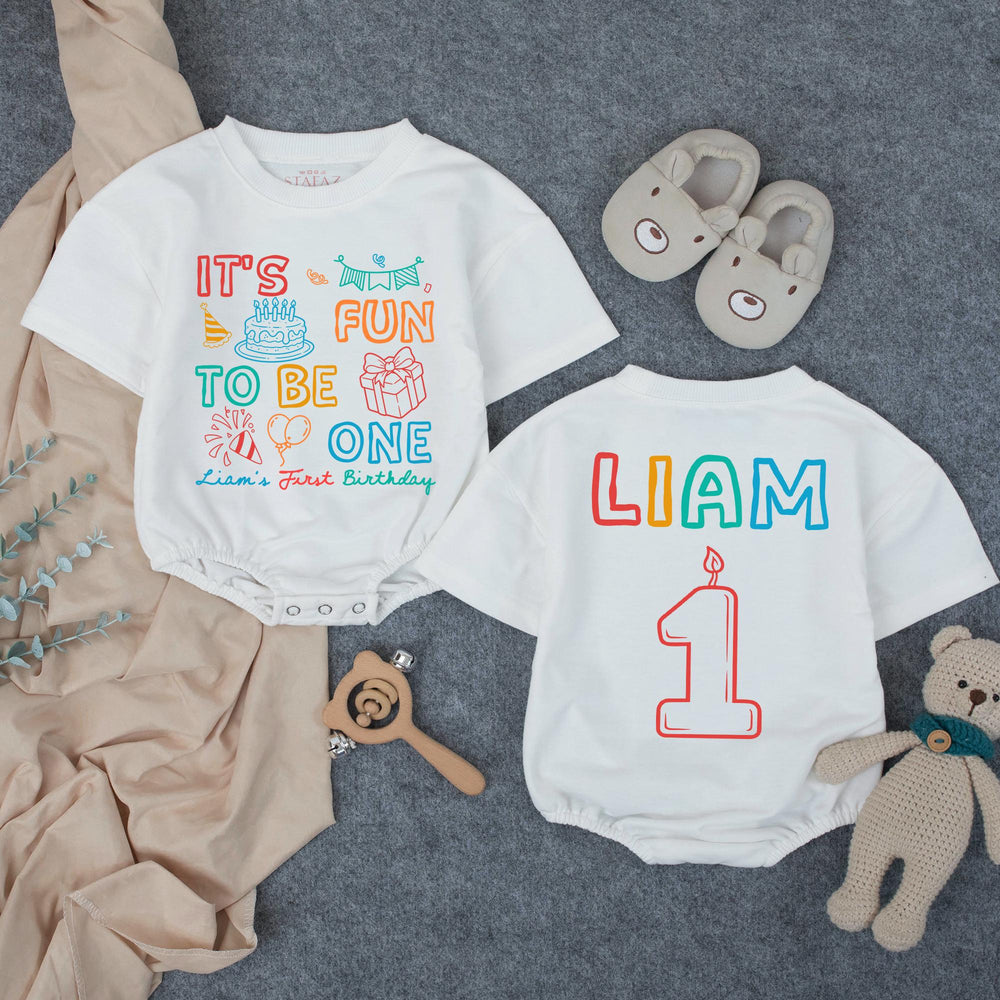 Personalized First Birthday Outfit for Baby Boy Liam, Fun to Be One Romper with Colorful Party Graphics, Cake Smash Celebration Outfit