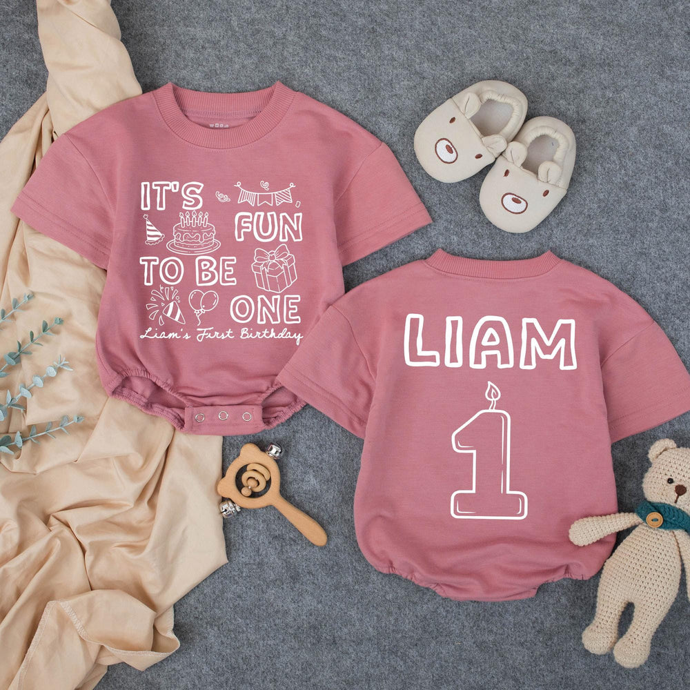Personalized First Birthday Outfit for Baby Boy Liam, Fun to Be One Romper with Colorful Party Graphics, Cake Smash Celebration Outfit