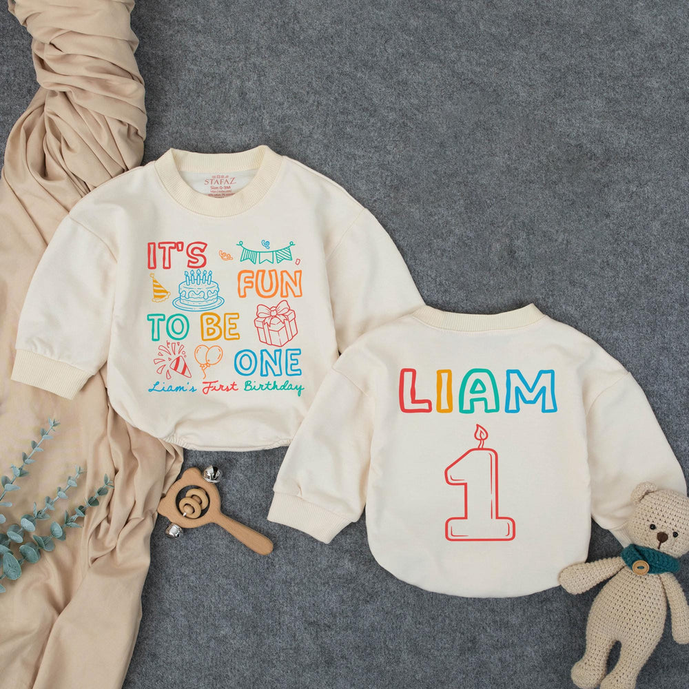 Personalized First Birthday Outfit for Baby Boy Liam, Fun to Be One Romper with Colorful Party Graphics, Cake Smash Celebration Outfit