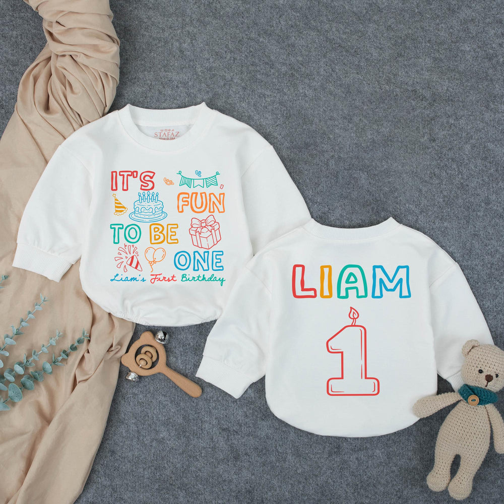 Personalized First Birthday Outfit for Baby Boy Liam, Fun to Be One Romper with Colorful Party Graphics, Cake Smash Celebration Outfit