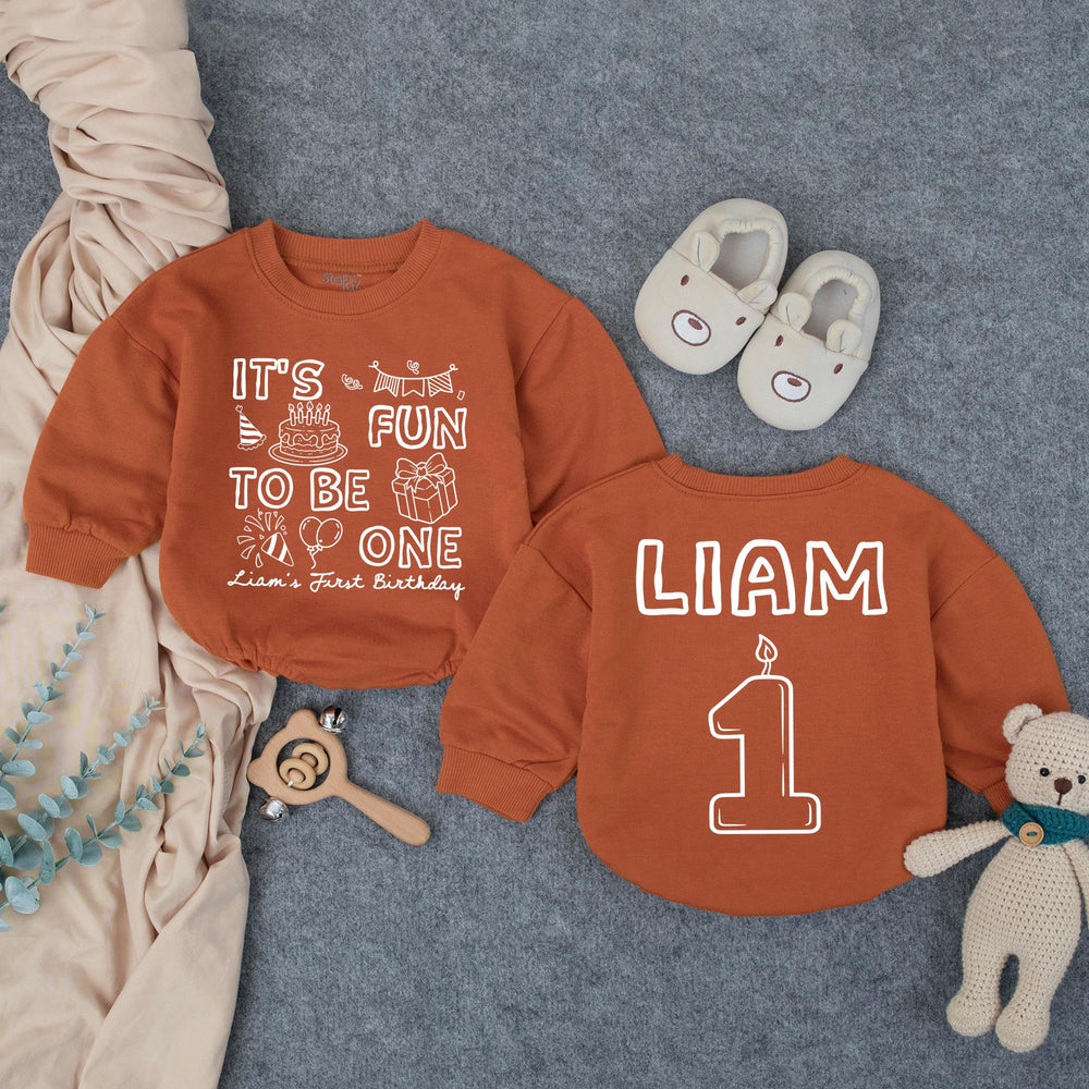 Personalized First Birthday Outfit for Baby Boy Liam, Fun to Be One Romper with Colorful Party Graphics, Cake Smash Celebration Outfit