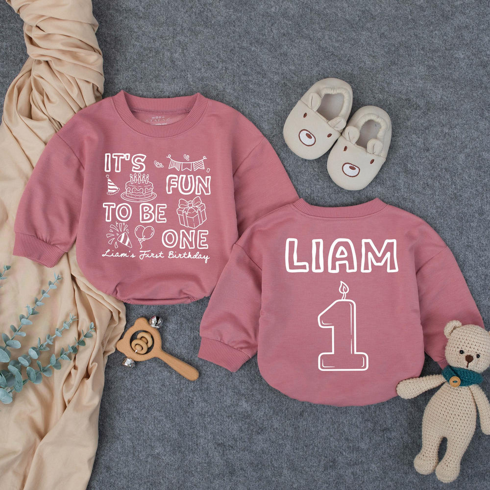 Personalized First Birthday Outfit for Baby Boy Liam, Fun to Be One Romper with Colorful Party Graphics, Cake Smash Celebration Outfit