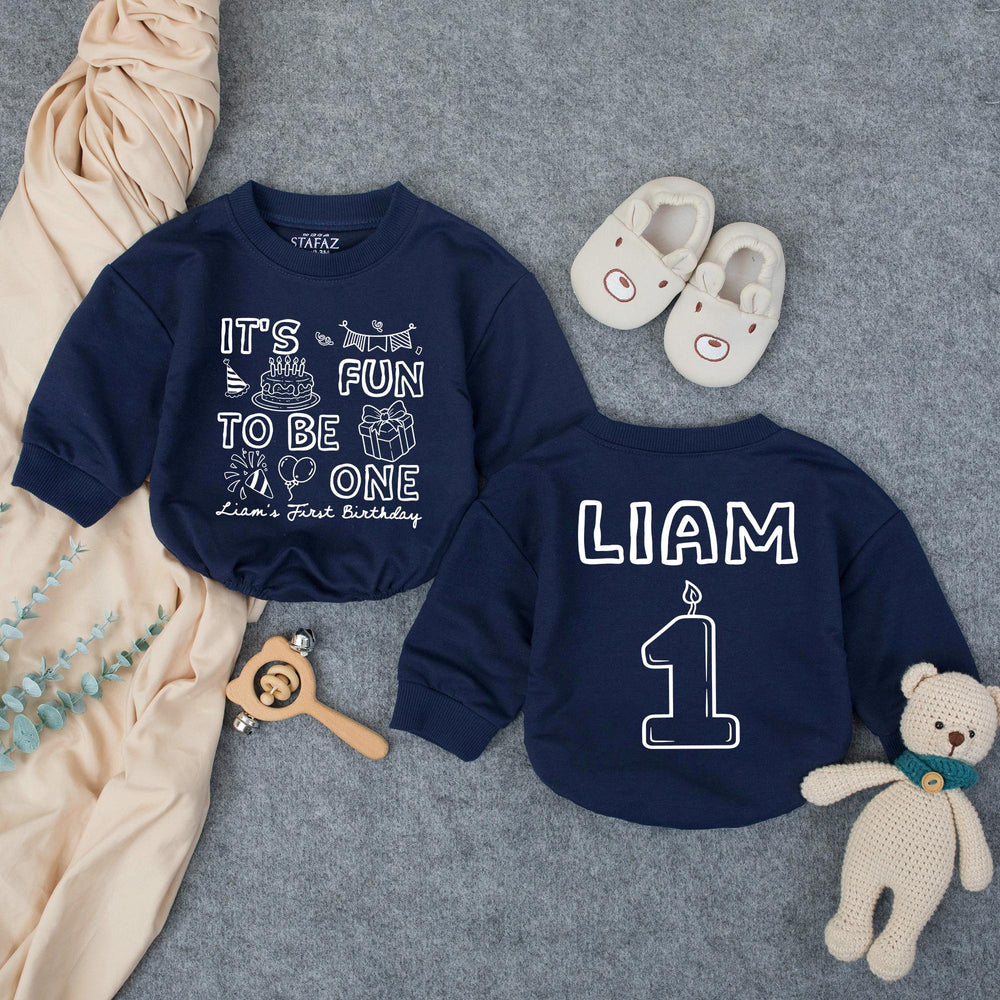 Personalized First Birthday Outfit for Baby Boy Liam, Fun to Be One Romper with Colorful Party Graphics, Cake Smash Celebration Outfit