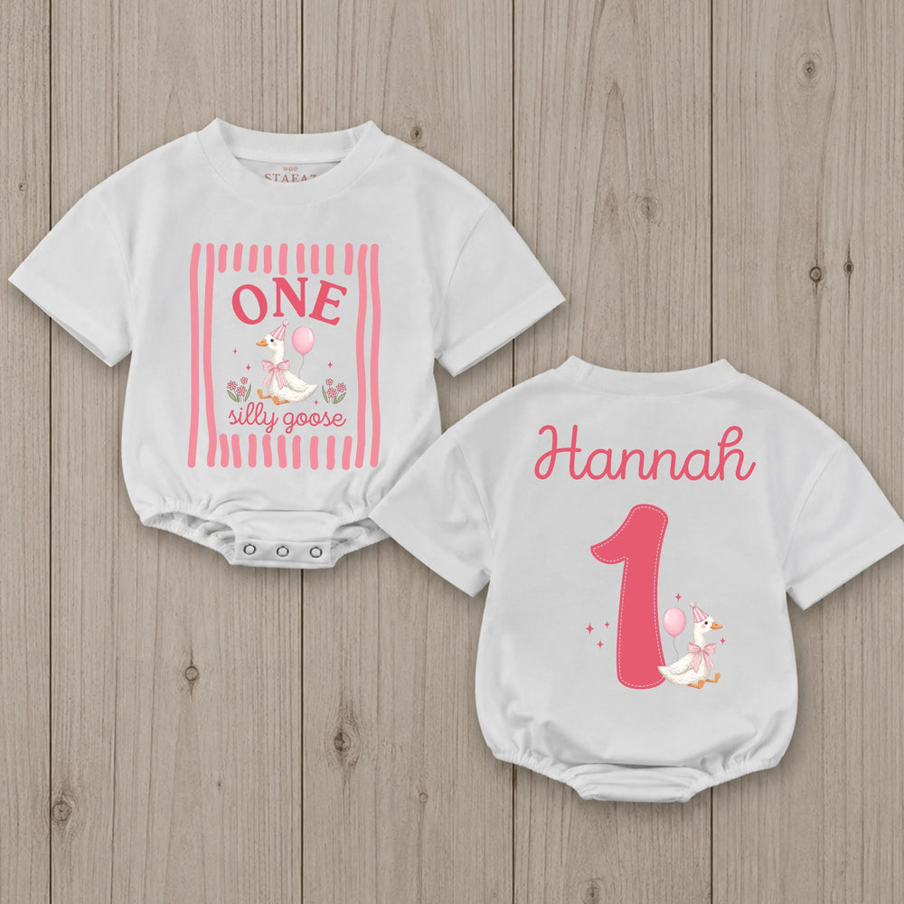 Personalized First Birthday Outfit for Baby Girl with Pink Goose Party Design, Silly Goose Romper Custom Name, 1st Birthday Shirt Gift