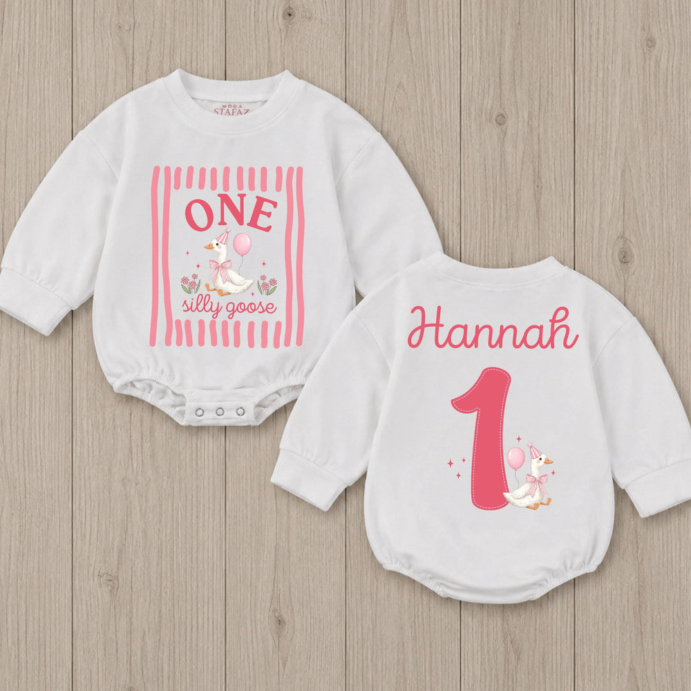 Personalized First Birthday Outfit for Baby Girl with Pink Goose Party Design, Silly Goose Romper Custom Name, 1st Birthday Shirt Gift