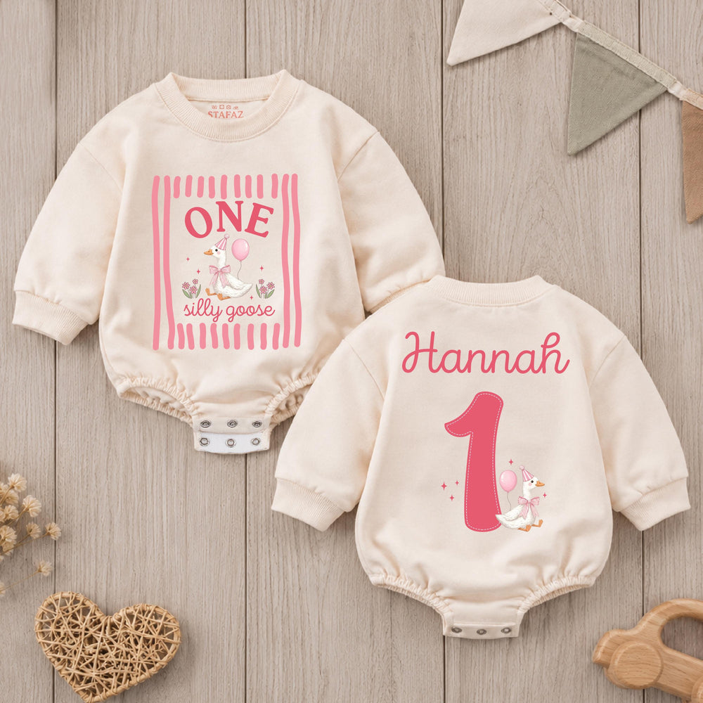 Personalized First Birthday Outfit for Baby Girl with Pink Goose Party Design, Silly Goose Romper Custom Name, 1st Birthday Shirt Gift