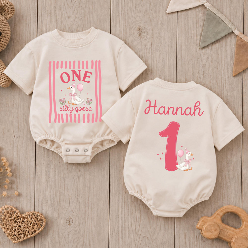 Personalized First Birthday Outfit for Baby Girl with Pink Goose Party Design, Silly Goose Romper Custom Name, 1st Birthday Shirt Gift