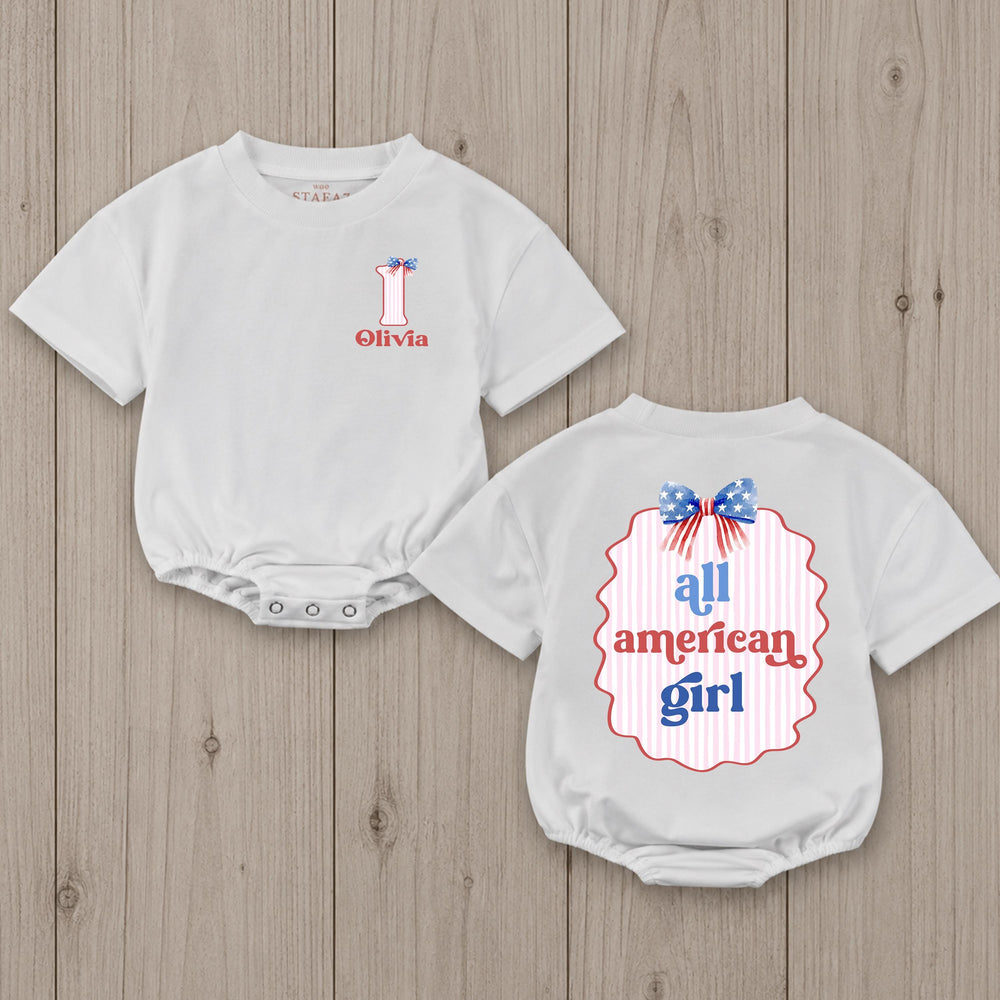 Personalized First Birthday Outfit for Baby Girls with Patriotic Bow and All American Girl Design, Custom Name USA Romper Gift