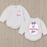 Personalized First Birthday Outfit for Baby Girls with Patriotic Bow and All American Girl Design, Custom Name USA Romper Gift